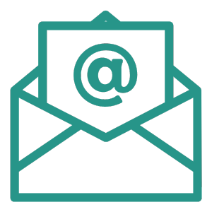 Teal colored email icon of an envelope open with a paper coming out of it. The paper has the 'commercial at' symbol on it.